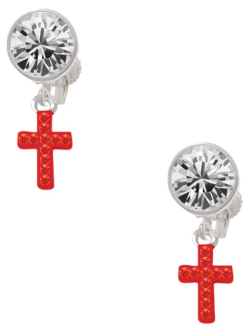 Silver Plated Small Red Crystal Cross - Crystal Clip on Earrings: Color Choice - Red, Green, Blue, Purple, Pink, Clear, Black