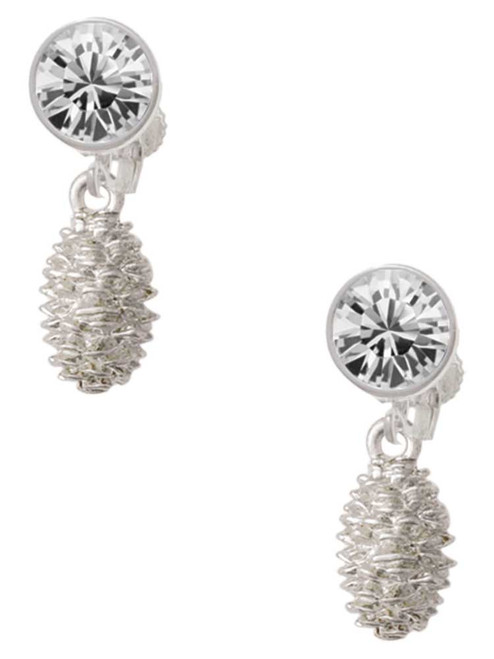 Silver Plated Pine Cone - Crystal Clip on Earrings: Color Choice - Red, Green, Blue, Purple, Pink, Clear, Black