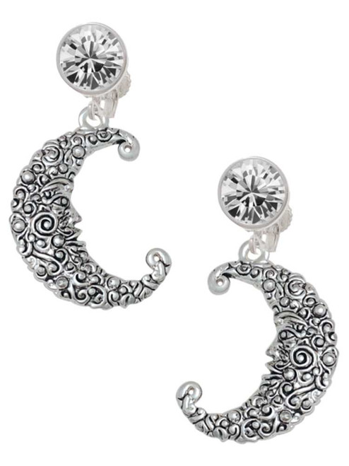 Silver Plated Large Swirl Man in Moon - Crystal Clip on Earrings: Color Choice - Red, Green, Blue, Purple, Pink, Clear, Black