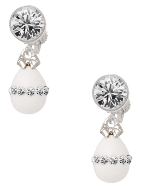 White Easter Egg with Clear Crystal Band - Crystal Clip on Earrings: Color Choice - Red, Green, Blue, Purple, Pink, Clear, Black