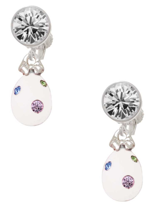 White Easter Egg with Color Crystal Dots - Crystal Clip on Earrings: Color Choice - Red, Green, Blue, Purple, Pink, Clear, Black