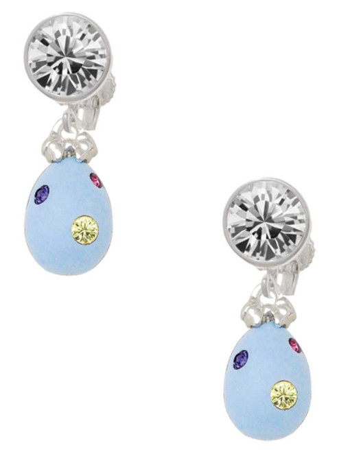 Silver Plated Light Blue Easter Egg with Multicolored Crystal Dots - Crystal Clip on Earrings: Color Choice - Red, Green, Blue, Purple, Pink, Clear, Black