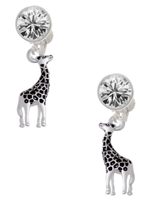 Silver Plated Antiqued Giraffe - Crystal Clip on Earrings: Color Choice - Red, Green, Blue, Purple, Pink, Clear, Black