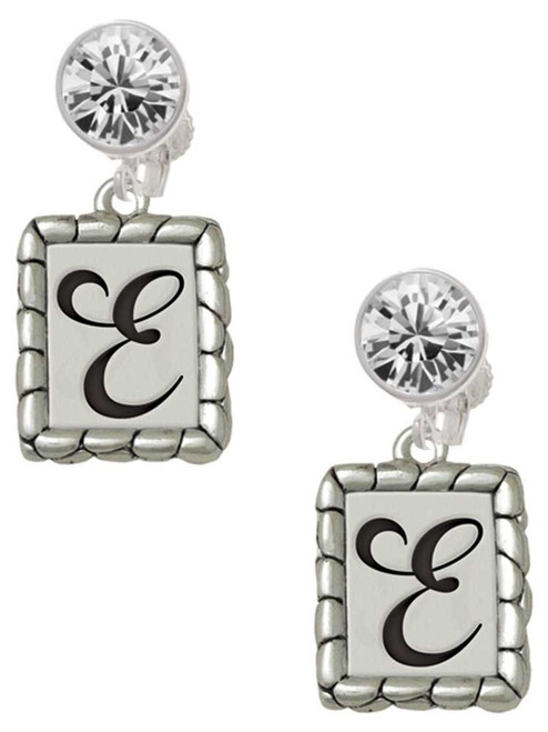 Silver Plated Pebble Border Initial - E - Crystal Clip on Earrings: Color Choice - Red, Green, Blue, Purple, Pink, Clear, Black
