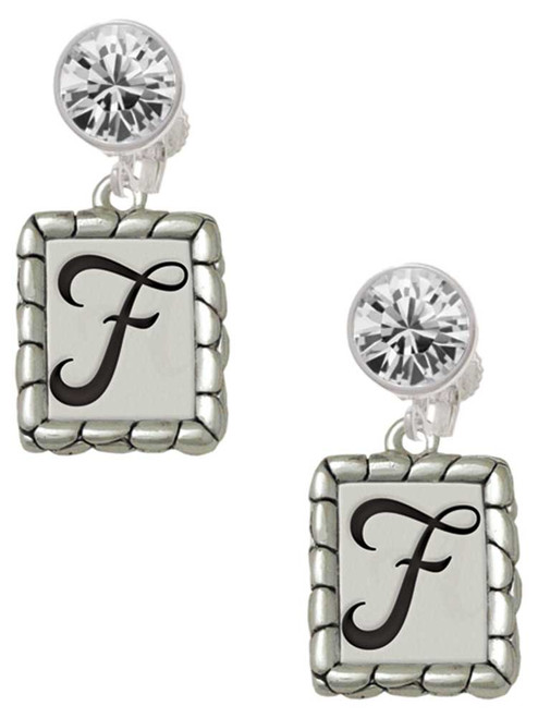 Silver Plated Pebble Border Initial - F - Crystal Clip on Earrings: Color Choice - Red, Green, Blue, Purple, Pink, Clear, Black
