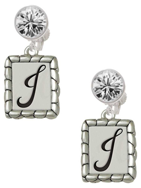 Silver Plated Pebble Border Initial - J - Crystal Clip on Earrings: Color Choice - Red, Green, Blue, Purple, Pink, Clear, Black