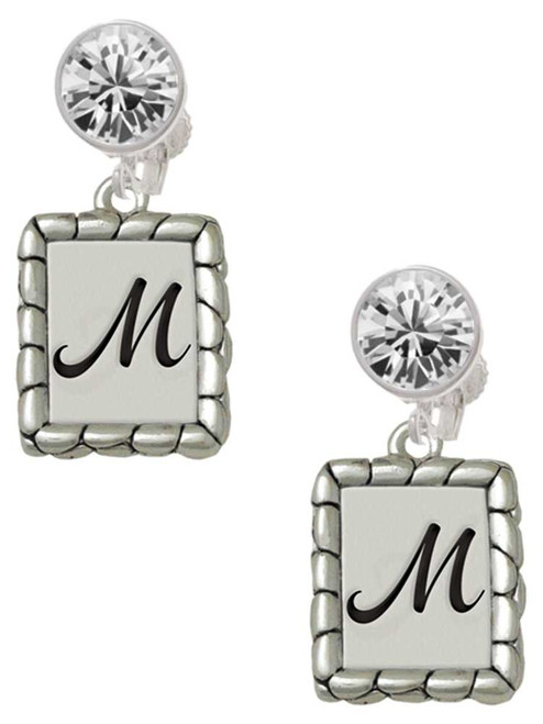 Silver Plated Pebble Border Initial - M - Crystal Clip on Earrings: Color Choice - Red, Green, Blue, Purple, Pink, Clear, Black