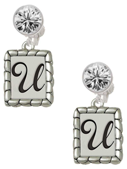 Silver Plated Pebble Border Initial - U - Crystal Clip on Earrings: Color Choice - Red, Green, Blue, Purple, Pink, Clear, Black