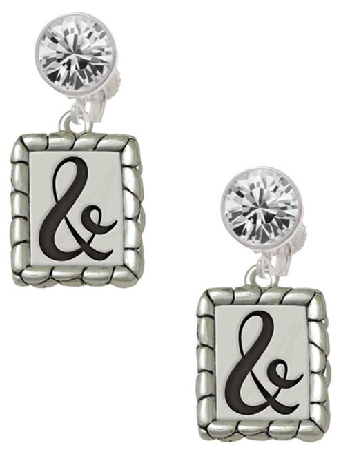 Silver Plated Pebble Border Initial - & - Crystal Clip on Earrings: Color Choice - Red, Green, Blue, Purple, Pink, Clear, Black