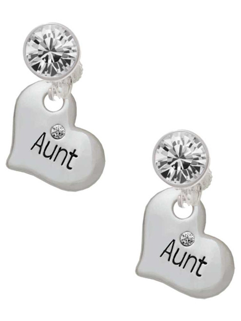 Silver Plated Large ''Aunt'' Heart with Clear Crystal - Crystal Clip on Earrings: Color Choice - Red, Green, Blue, Purple, Pink, Clear, Black