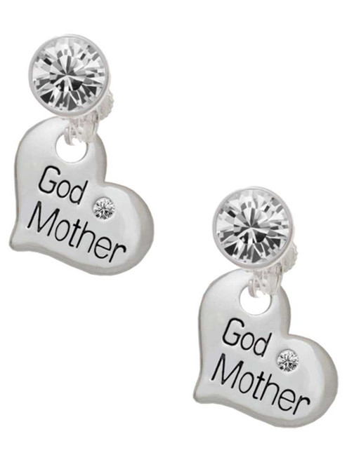 Silver Plated Large ''Godmother'' Heart with Clear Crystal - Crystal Clip on Earrings: Color Choice - Red, Green, Blue, Purple, Pink, Clear, Black