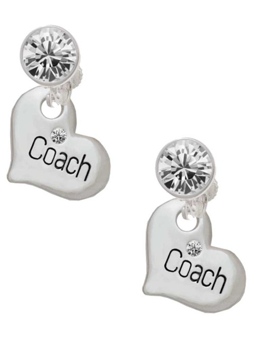 Silver Plated Large ''Coach'' Heart - Crystal Clip on Earrings: Color Choice - Red, Green, Blue, Purple, Pink, Clear, Black