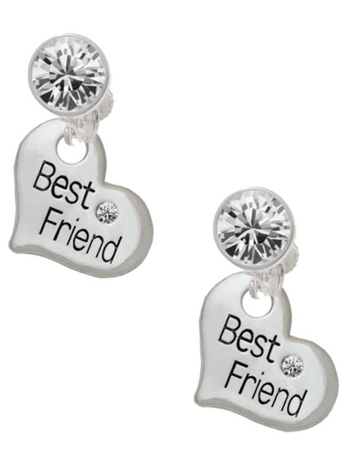 Silver Plated Large ''Best Friend'' Heart - Crystal Clip on Earrings: Color Choice - Red, Green, Blue, Purple, Pink, Clear, Black