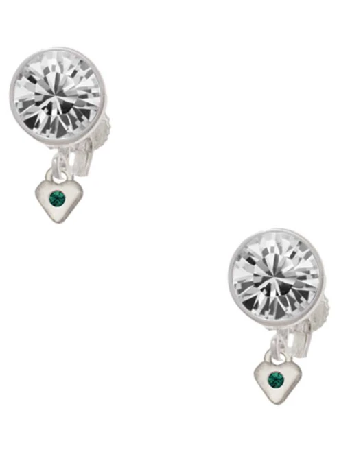 Silver Plated Mini May - Green Crystal Heart - Crystal Clip on Earrings: Color Choice - Red, Green, Blue, Purple, Pink, Clear, Black