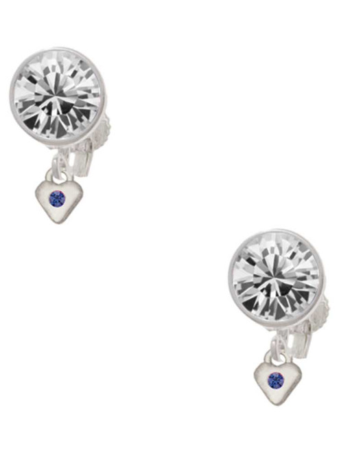 Silver Plated Mini September - Blue Crystal Heart - Crystal Clip on Earrings: Color Choice - Red, Green, Blue, Purple, Pink, Clear, Black