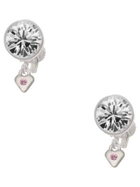 Silver Plated Mini Light Pink Crystal Heart - Crystal Clip on Earrings: Color Choice - Red, Green, Blue, Purple, Pink, Clear, Black