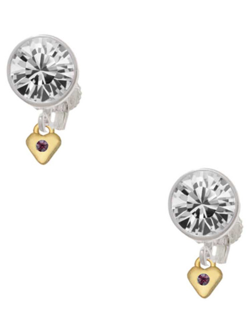 Gold-tone Mini Purple Crystal Heart - Crystal Clip on Earrings: Color Choice - Red, Green, Blue, Purple, Pink, Clear, Black