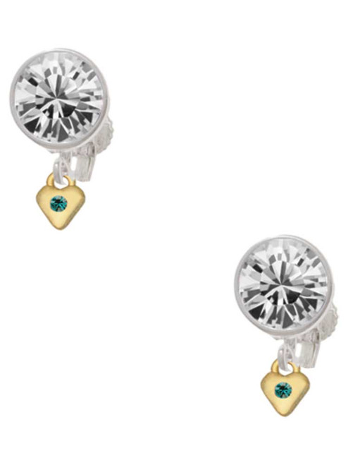 Gold-tone Mini Teal Crystal Heart - Crystal Clip on Earrings: Color Choice - Red, Green, Blue, Purple, Pink, Clear, Black