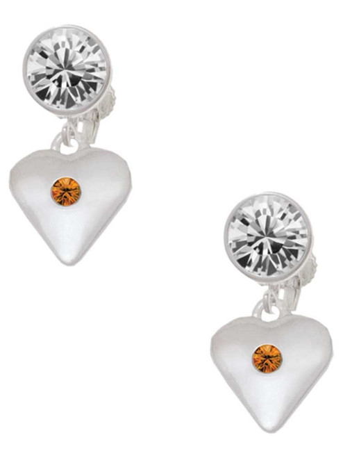 Silver Plated Large November - Yellow Crystal Heart - Crystal Clip on Earrings: Color Choice - Red, Green, Blue, Purple, Pink, Clear, Black