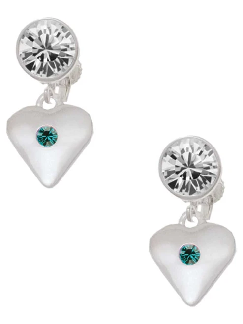 Silver Plated Large December - Teal Crystal Heart - Crystal Clip on Earrings: Color Choice - Red, Green, Blue, Purple, Pink, Clear, Black