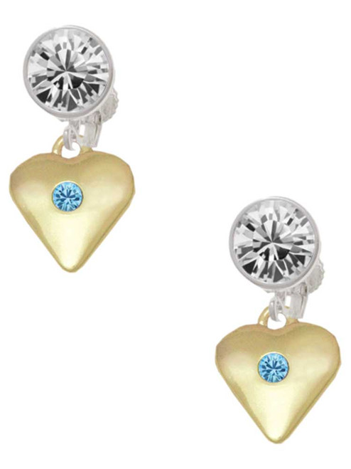 Gold-tone Large Hot Blue Crystal Heart - Crystal Clip on Earrings: Color Choice - Red, Green, Blue, Purple, Pink, Clear, Black