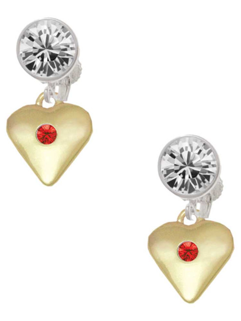 Gold-tone Large Red Crystal Heart - Crystal Clip on Earrings: Color Choice - Red, Green, Blue, Purple, Pink, Clear, Black