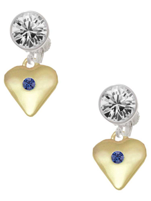Gold-tone Large Blue Crystal Heart - Crystal Clip on Earrings: Color Choice - Red, Green, Blue, Purple, Pink, Clear, Black