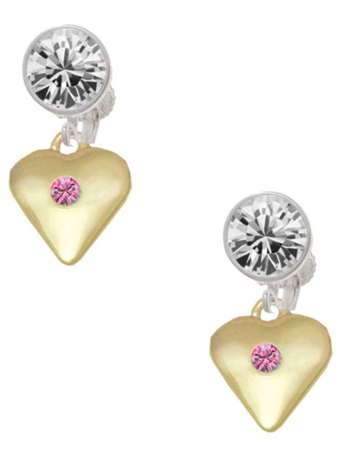Gold-tone Large Hot Pink Crystal Heart - Crystal Clip on Earrings: Color Choice - Red, Green, Blue, Purple, Pink, Clear, Black