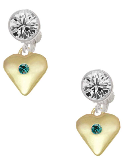 Gold-tone Large Teal Crystal Heart - Crystal Clip on Earrings: Color Choice - Red, Green, Blue, Purple, Pink, Clear, Black