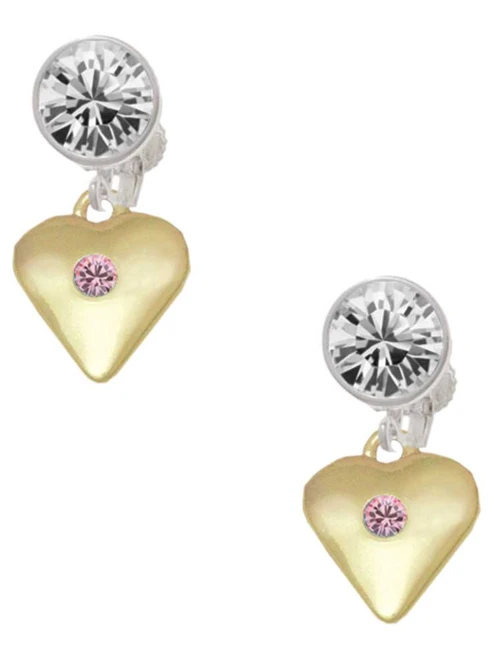 Gold-tone Large Light Pink Crystal Heart - Crystal Clip on Earrings: Color Choice - Red, Green, Blue, Purple, Pink, Clear, Black