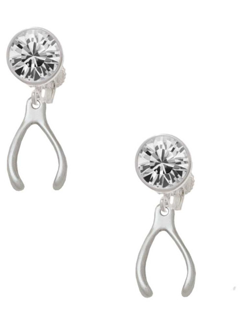 Silver Plated Wishbone - Crystal Clip on Earrings: Color Choice - Red, Green, Blue, Purple, Pink, Clear, Black