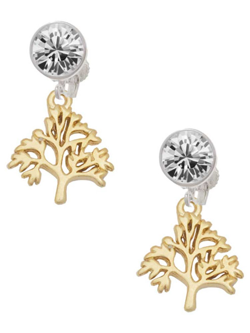 Gold-tone Medium Tree of Life - Crystal Clip on Earrings: Color Choice - Red, Green, Blue, Purple, Pink, Clear, Black