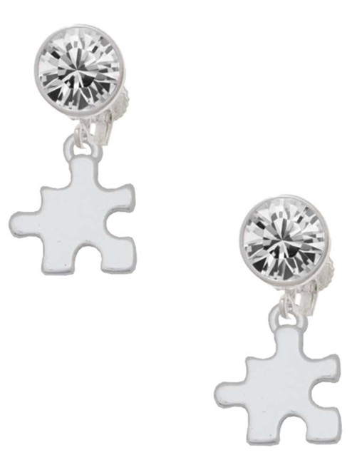 Silver Plated Puzzle Piece - Crystal Clip on Earrings: Color Choice - Red, Green, Blue, Purple, Pink, Clear, Black