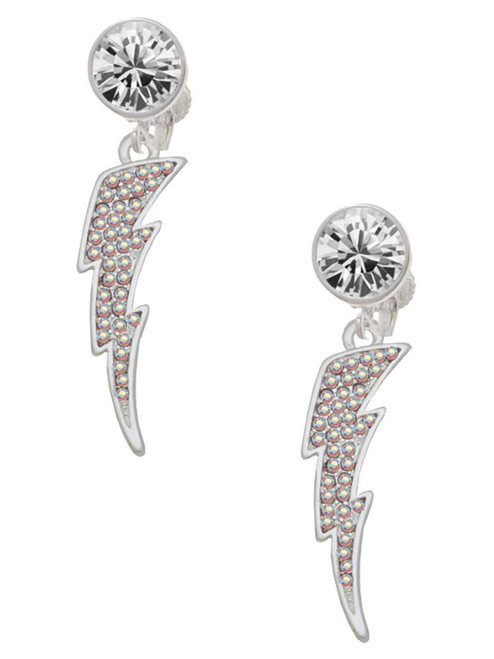 Silver Plated Large Clear AB Crystal Lightning Bolt - Crystal Clip on Earrings: Color Choice - Red, Green, Blue, Purple, Pink, Clear, Black