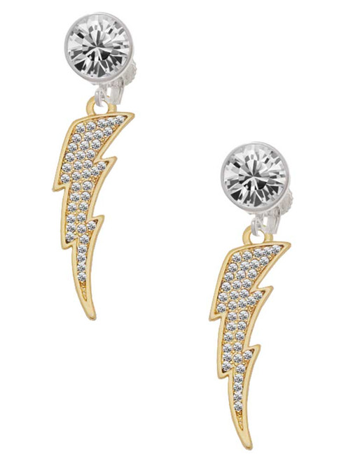 Gold-tone Large Clear Crystal Lightning Bolt - Crystal Clip on Earrings: Color Choice - Red, Green, Blue, Purple, Pink, Clear, Black