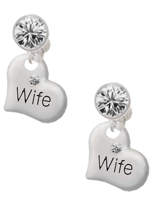 Silver Plated Large Wife Heart - Crystal Clip on Earrings: Color Choice - Red, Green, Blue, Purple, Pink, Clear, Black