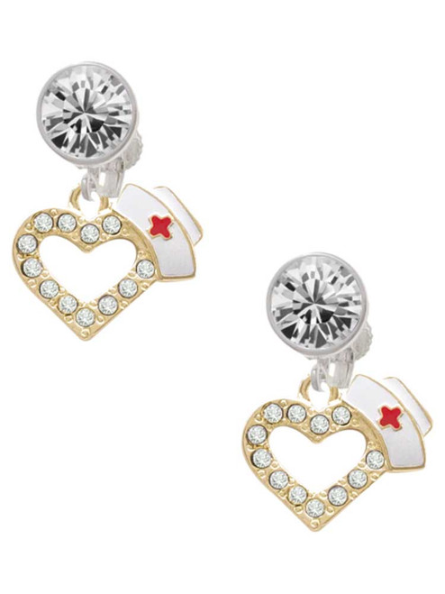 Gold-tone Small Crystal Heart with Nurse Hat - Crystal Clip on Earrings: Color Choice - Red, Green, Blue, Purple, Pink, Clear, Black