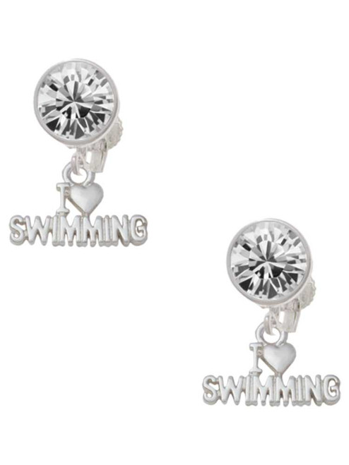 I Heart Swimming - Crystal Clip on Earrings: Color Choice - Red, Green, Blue, Purple, Pink, Clear, Black