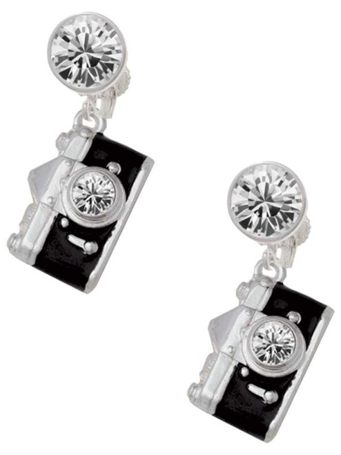 Silver Plated Black Camera - Crystal Clip on Earrings: Color Choice - Red, Green, Blue, Purple, Pink, Clear, Black