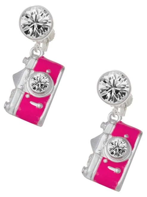 Silver Plated Pink Camera - Crystal Clip on Earrings: Color Choice - Red, Green, Blue, Purple, Pink, Clear, Black