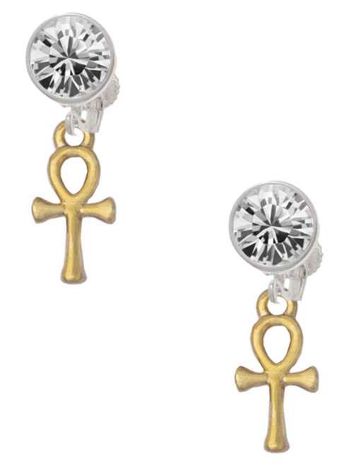 Gold-tone Small Ankh - Crystal Clip on Earrings: Color Choice - Red, Green, Blue, Purple, Pink, Clear, Black
