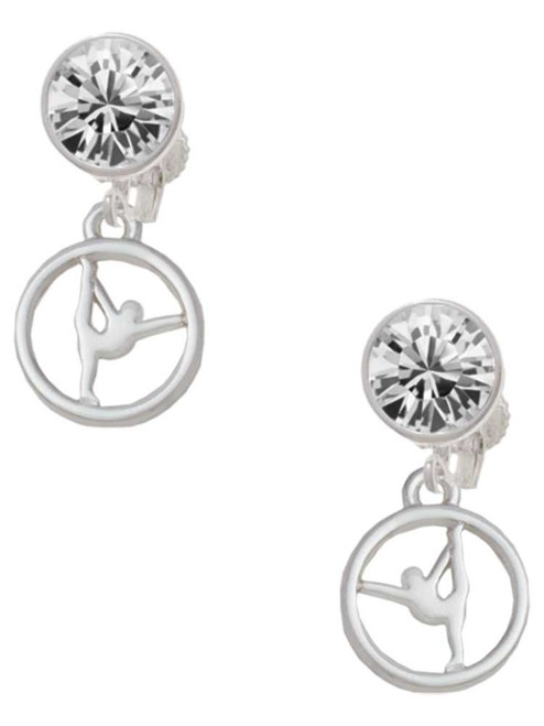 Silhouette Gymnast Disc - Raised Leg Split - Crystal Clip on Earrings: Color Choice - Red, Green, Blue, Purple, Pink, Clear, Black