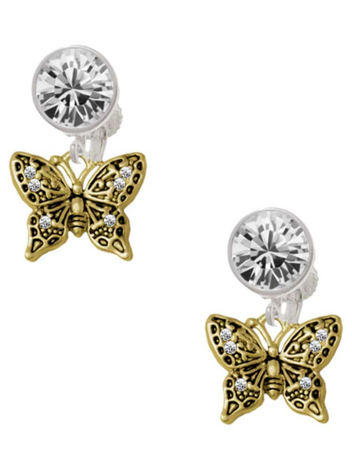 Gold-tone Small Antiqued Crystal Butterfly - Crystal Clip on Earrings: Color Choice - Red, Green, Blue, Purple, Pink, Clear, Black