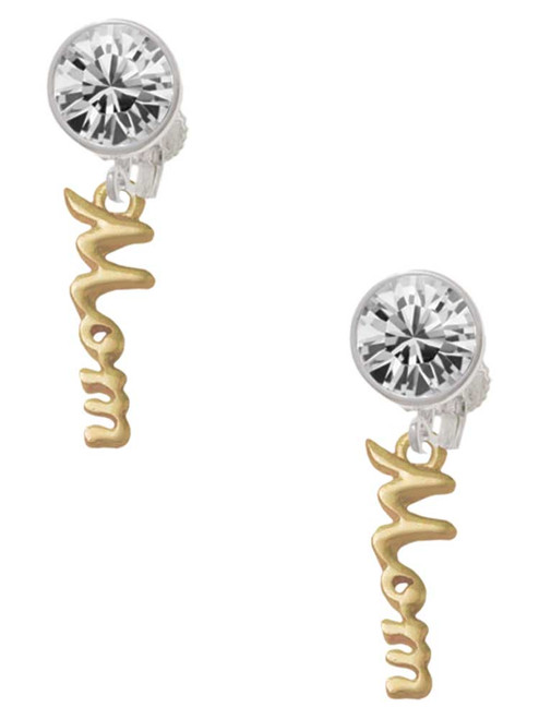 Gold-tone Small Mom Script - Crystal Clip on Earrings: Color Choice - Red, Green, Blue, Purple, Pink, Clear, Black