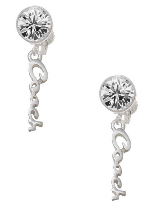 Silver Plated Small Coach Script - Crystal Clip on Earrings: Color Choice - Red, Green, Blue, Purple, Pink, Clear, Black