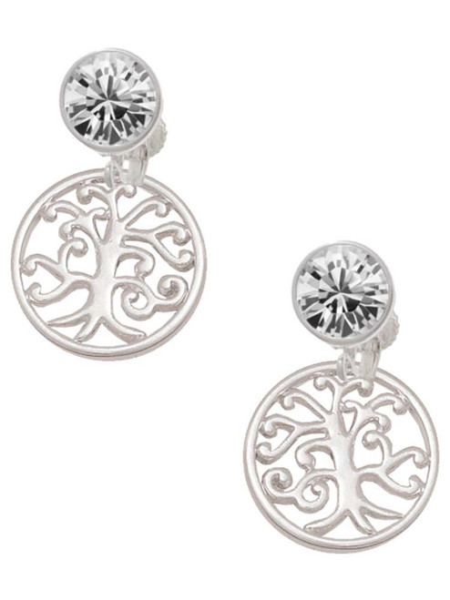 Silver Plated Tree of Life Cutout - Crystal Clip on Earrings: Color Choice - Red, Green, Blue, Purple, Pink, Clear, Black