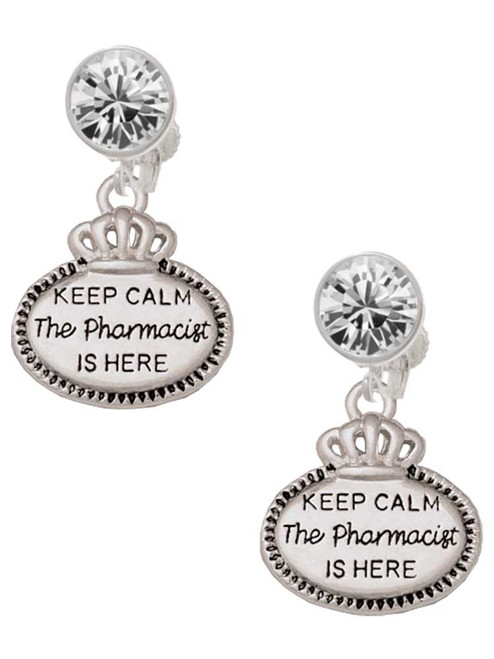 Silver Plated Keep Calm The Pharmacist is Here - Crystal Clip on Earrings: Color Choice - Red, Green, Blue, Purple, Pink, Clear, Black