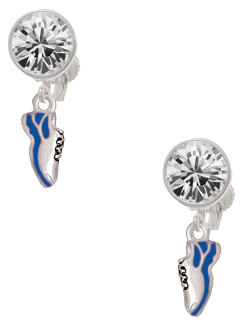 Silver Plated Mini Royal Blue Running Shoe - Crystal Clip on Earrings: Color Choice - Red, Green, Blue, Purple, Pink, Clear, Black