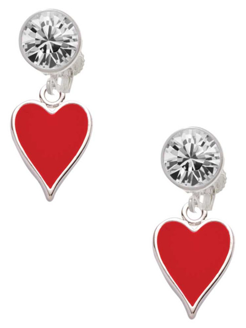 Silver Plated Card Suit - Red Heart - Crystal Clip on Earrings: Color Choice - Red, Green, Blue, Purple, Pink, Clear, Black