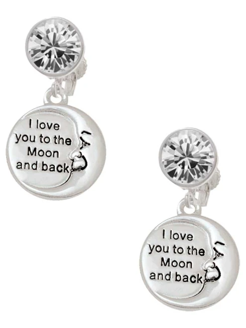 Silver Plated I Love You to the Moon and Back - Crystal Clip on Earrings: Color Choice - Red, Green, Blue, Purple, Pink, Clear, Black